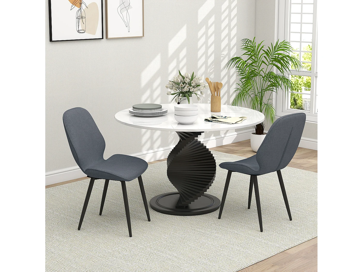 Lot de 2 chaises de salon design assise dossier enveloppant piètement acier noir tissu effet lin gris