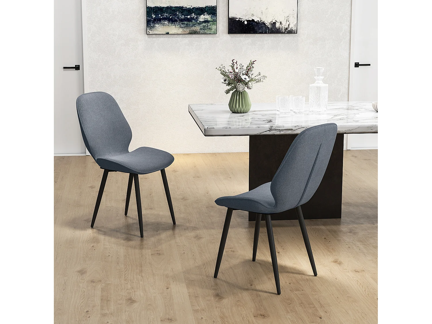 Lot de 2 chaises de salon design assise dossier enveloppant piètement acier noir tissu effet lin gris