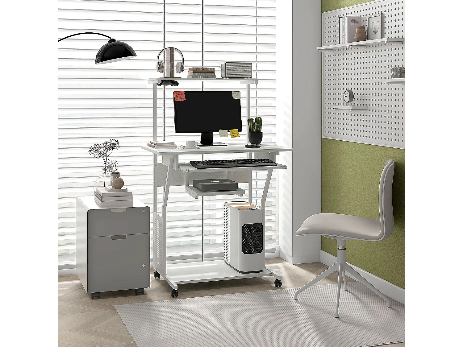 Station de travail mobile - bureau informatique sur roulettes - 3 étagères, tablette clavier - blanc