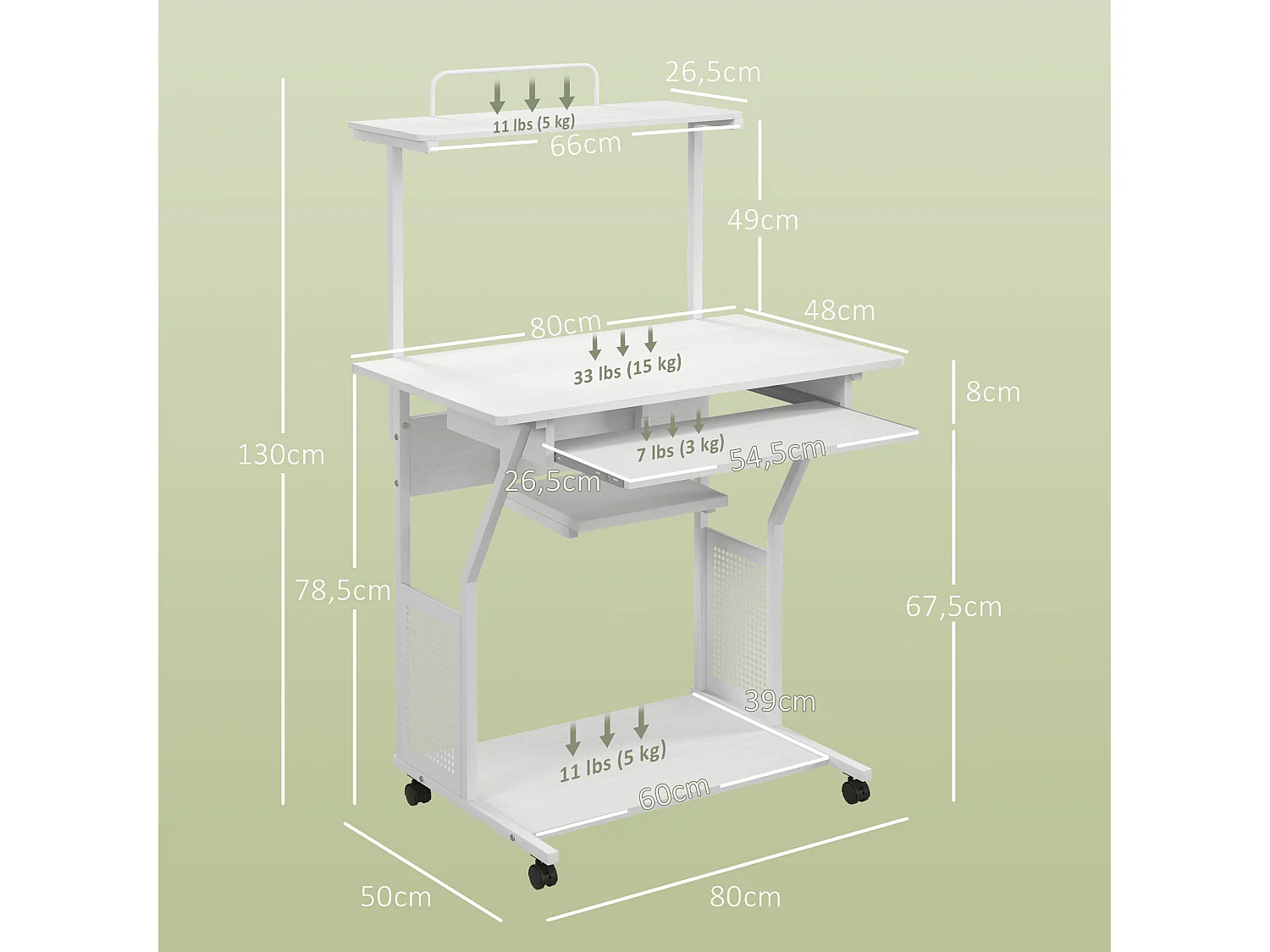 Station de travail mobile - bureau informatique sur roulettes - 3 étagères, tablette clavier - blanc