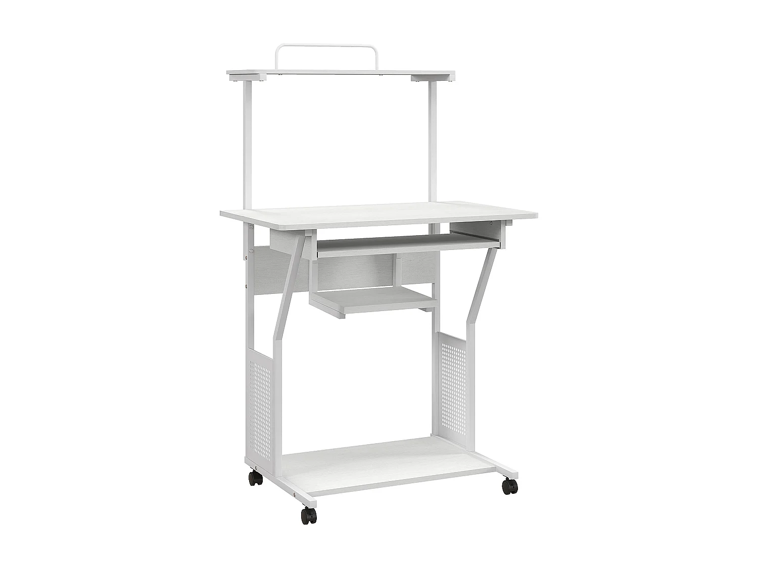 Station de travail mobile - bureau informatique sur roulettes - 3 étagères, tablette clavier - blanc
