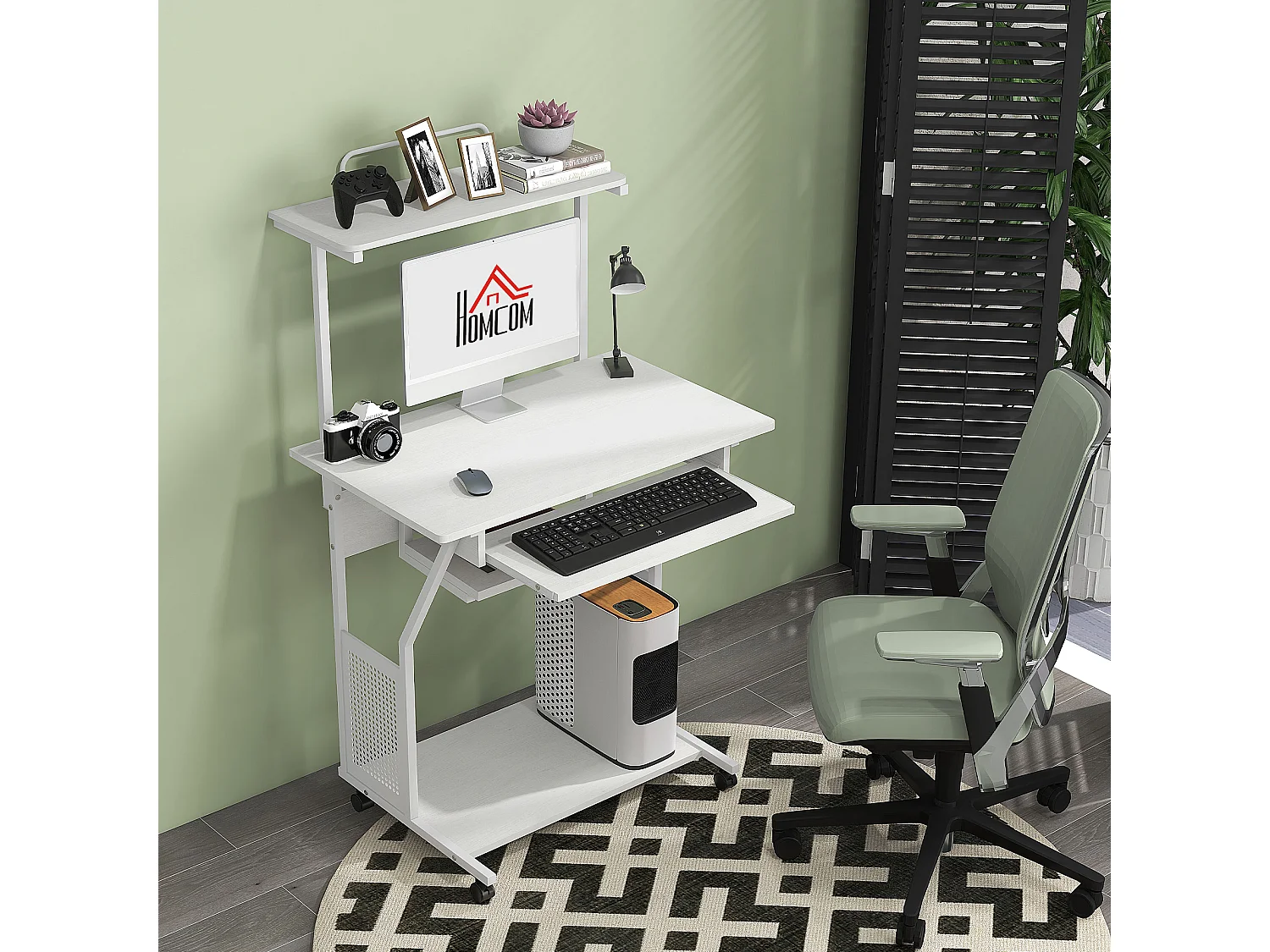 Station de travail mobile - bureau informatique sur roulettes - 3 étagères, tablette clavier - blanc