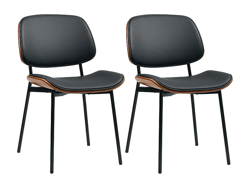 Lot de 2 chaises désign néo-rétro assise dossier cintré bois acier revêtement synthétique noir