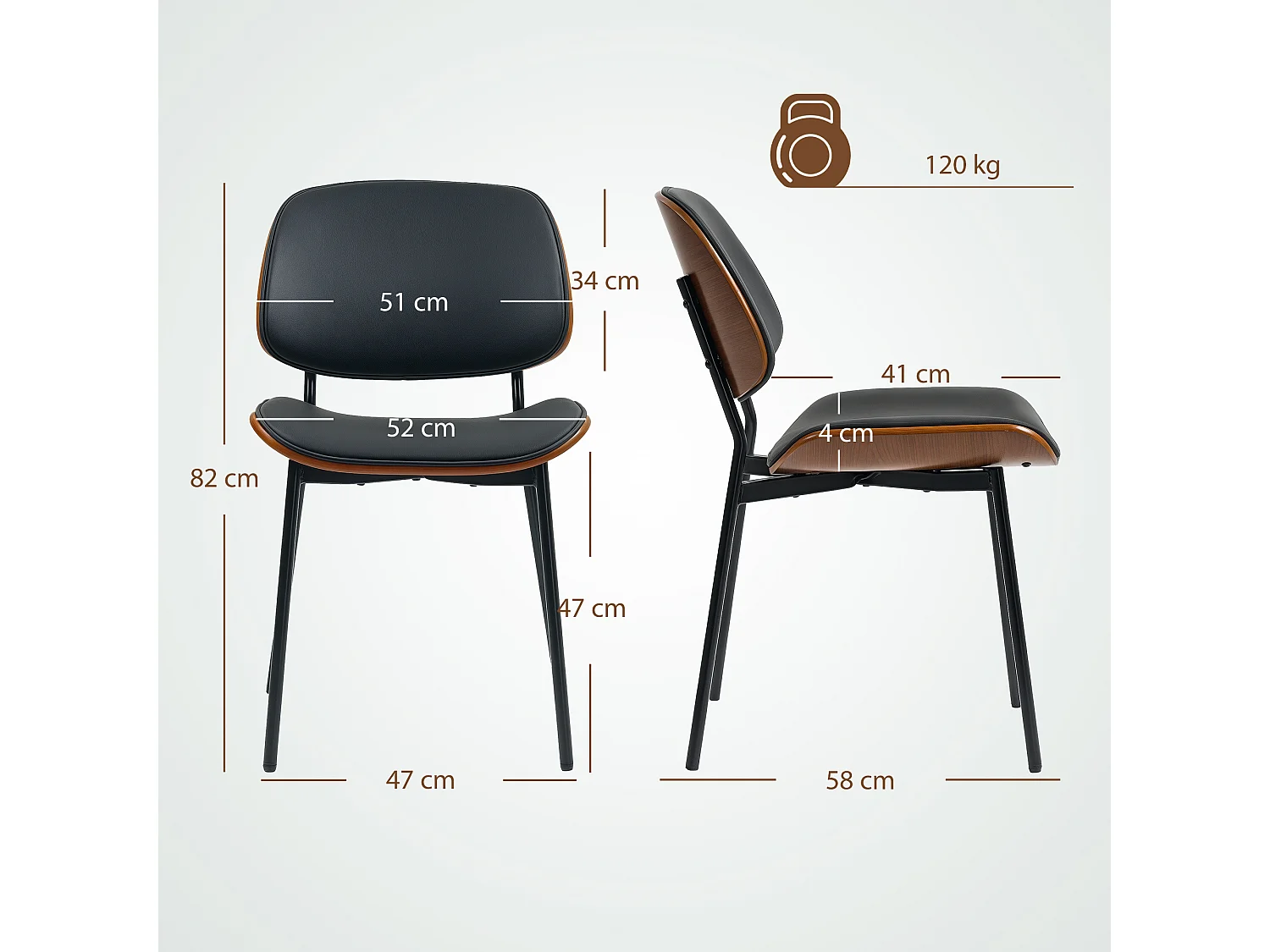 Lot de 2 chaises désign néo-rétro assise dossier cintré bois acier revêtement synthétique noir