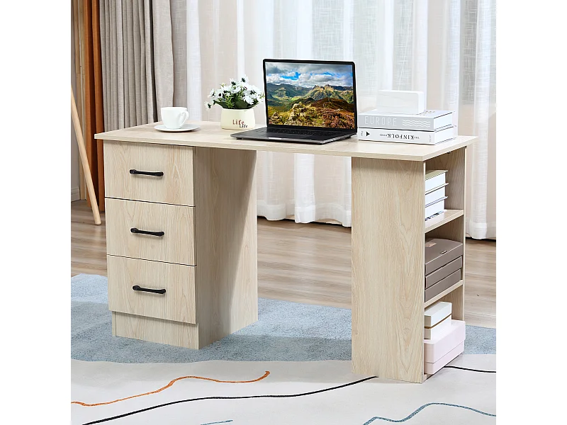 Bureau informatique table multi-fonctions 3 tiroirs 2 étagères dim. 120L x 49l x 72H cm MDF aspect bois