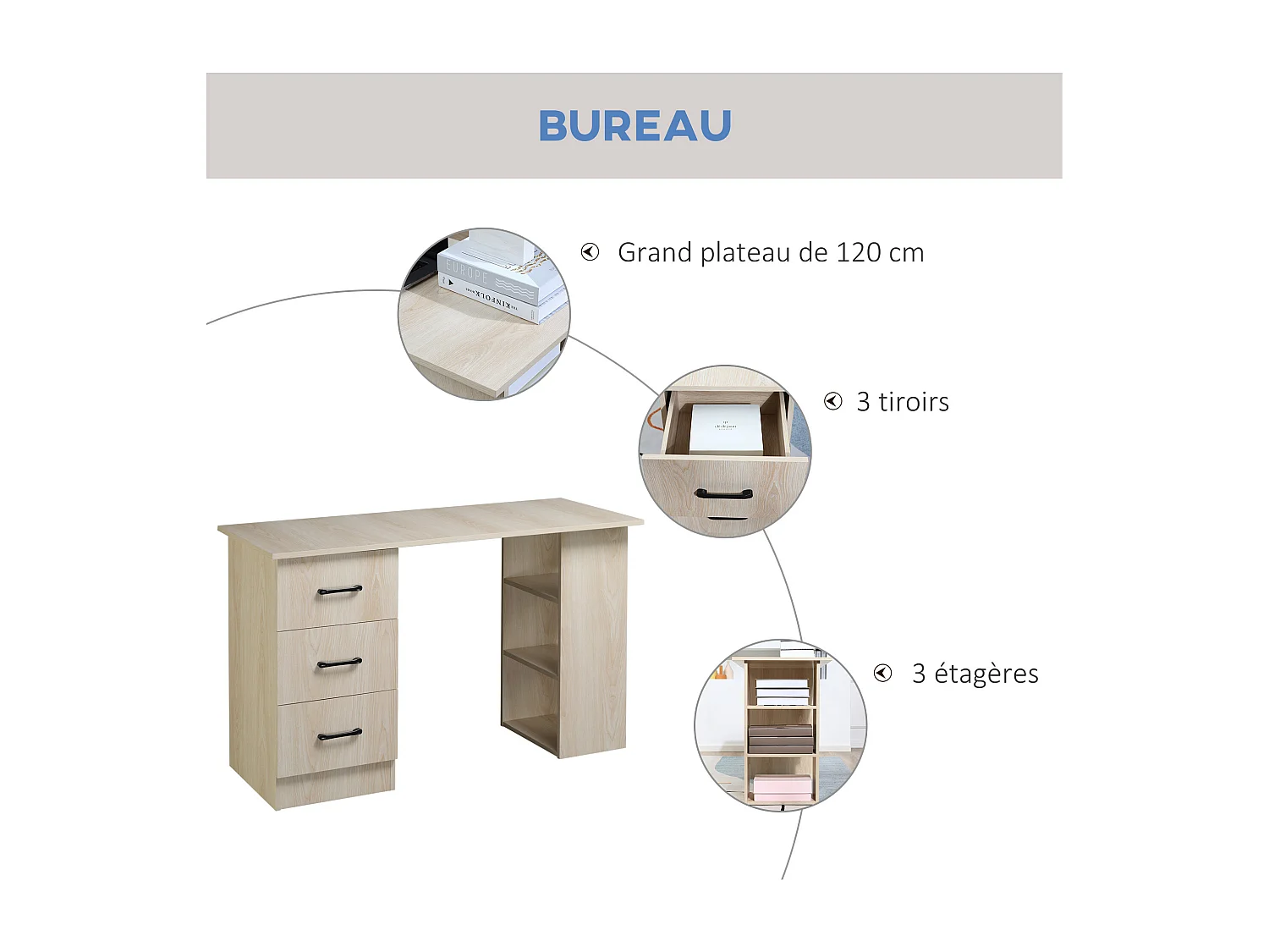 Bureau informatique table multi-fonctions 3 tiroirs 2 étagères dim. 120L x 49l x 72H cm MDF aspect bois