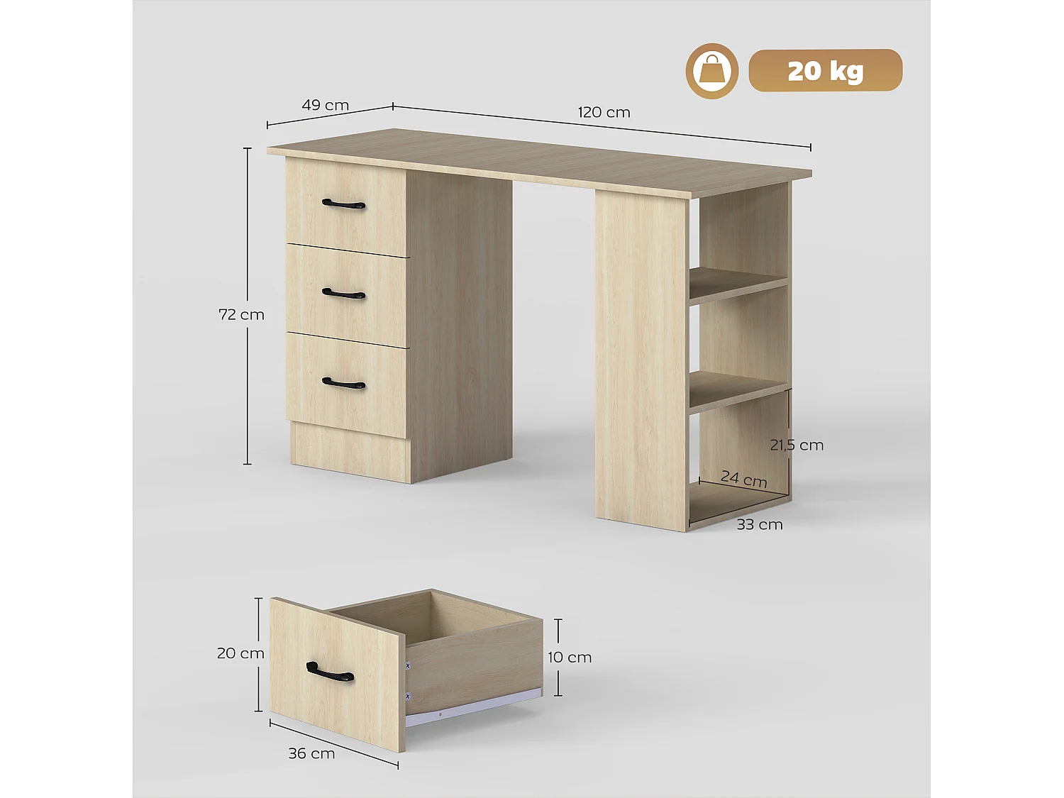 Bureau informatique table multi-fonctions 3 tiroirs 2 étagères dim. 120L x 49l x 72H cm MDF aspect bois