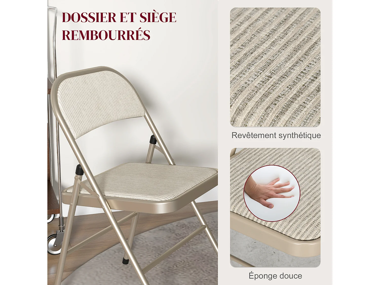 Lot de 6 chaises pliantes assise dossier rembourrés acier tissu toucher lin beige