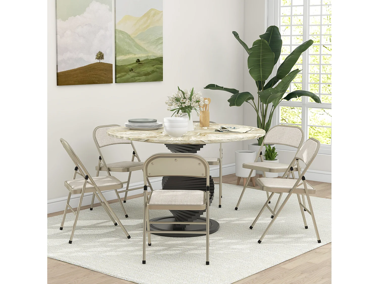 Lot de 6 chaises pliantes assise dossier rembourrés acier tissu toucher lin beige