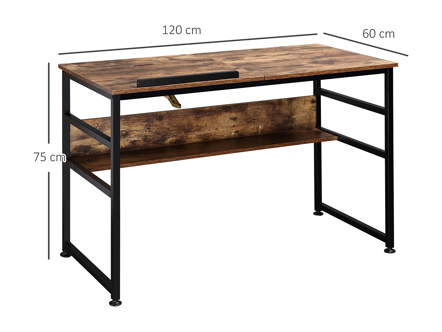 Bureau informatique design industriel - plateau relevable, étagère -  panneaux particules aspect vieux bois métal noir