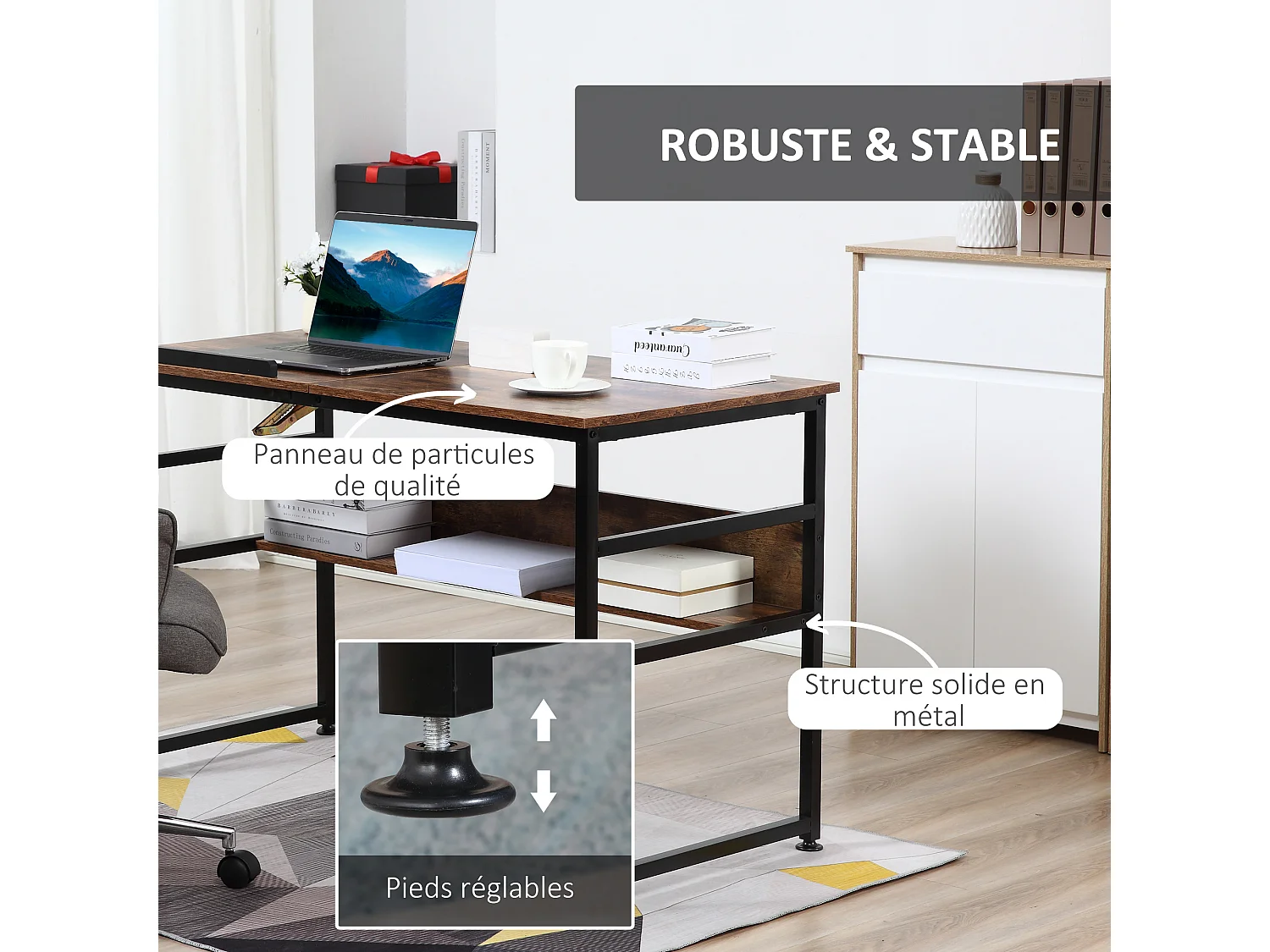 Bureau informatique design industriel - plateau relevable, étagère -  panneaux particules aspect vieux bois métal noir