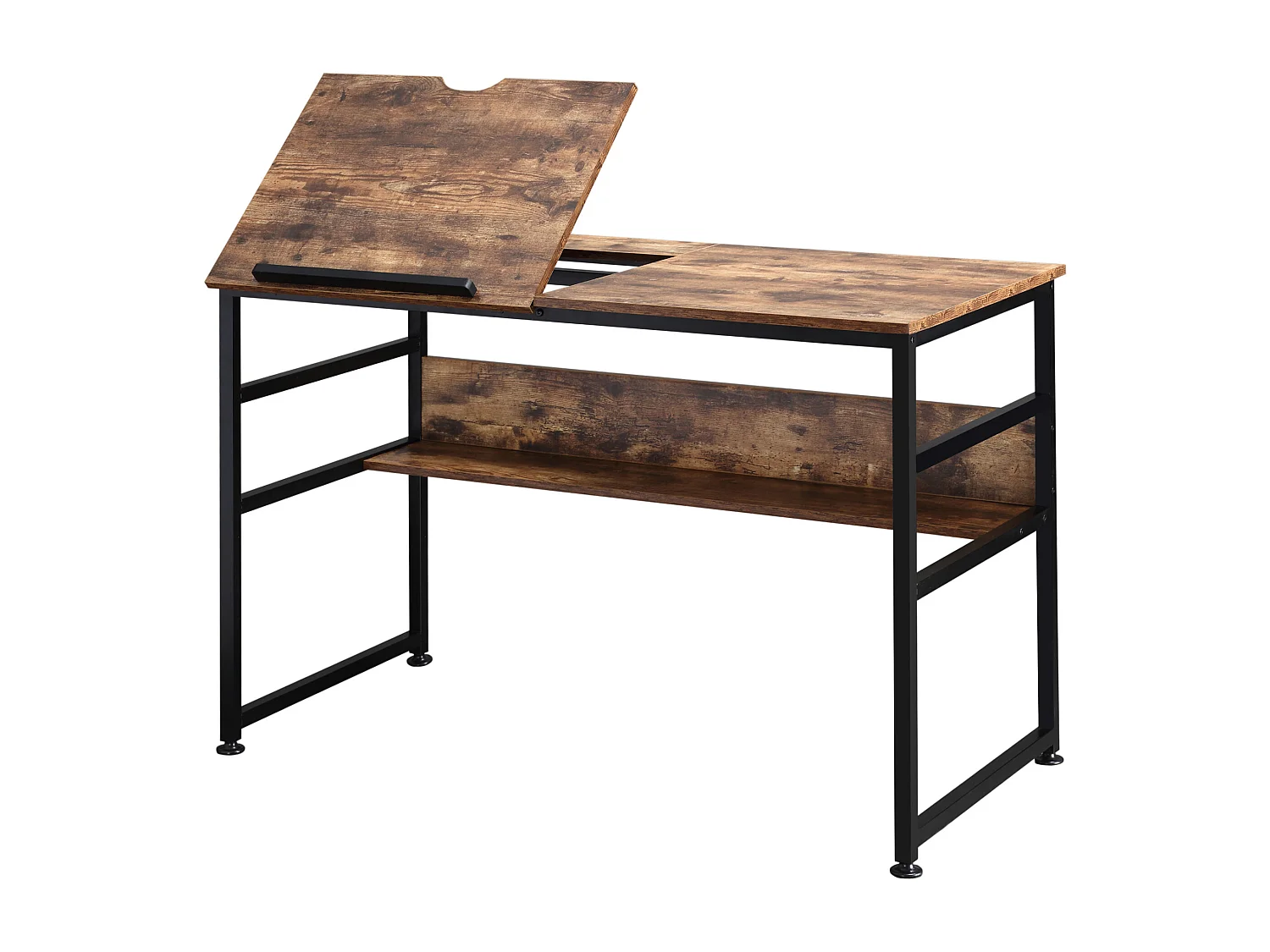 Bureau informatique design industriel - plateau relevable, étagère -  panneaux particules aspect vieux bois métal noir