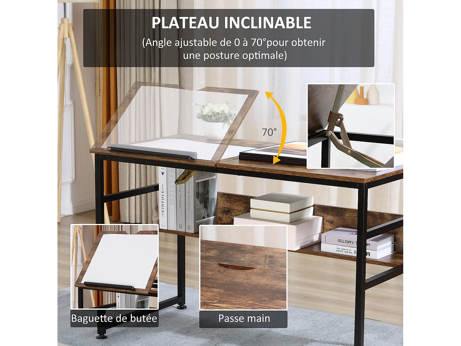 Bureau informatique design industriel - plateau relevable, étagère -  panneaux particules aspect vieux bois métal noir