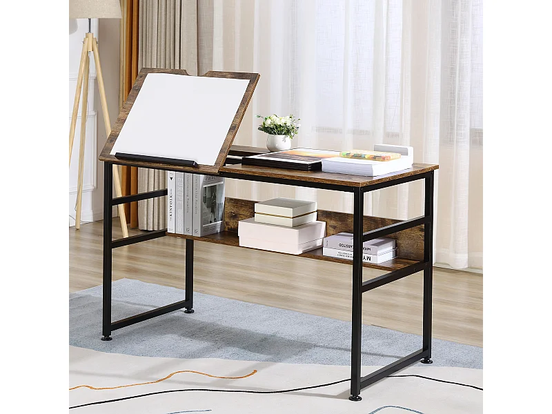 Bureau informatique design industriel - plateau relevable, étagère -  panneaux particules aspect vieux bois métal noir