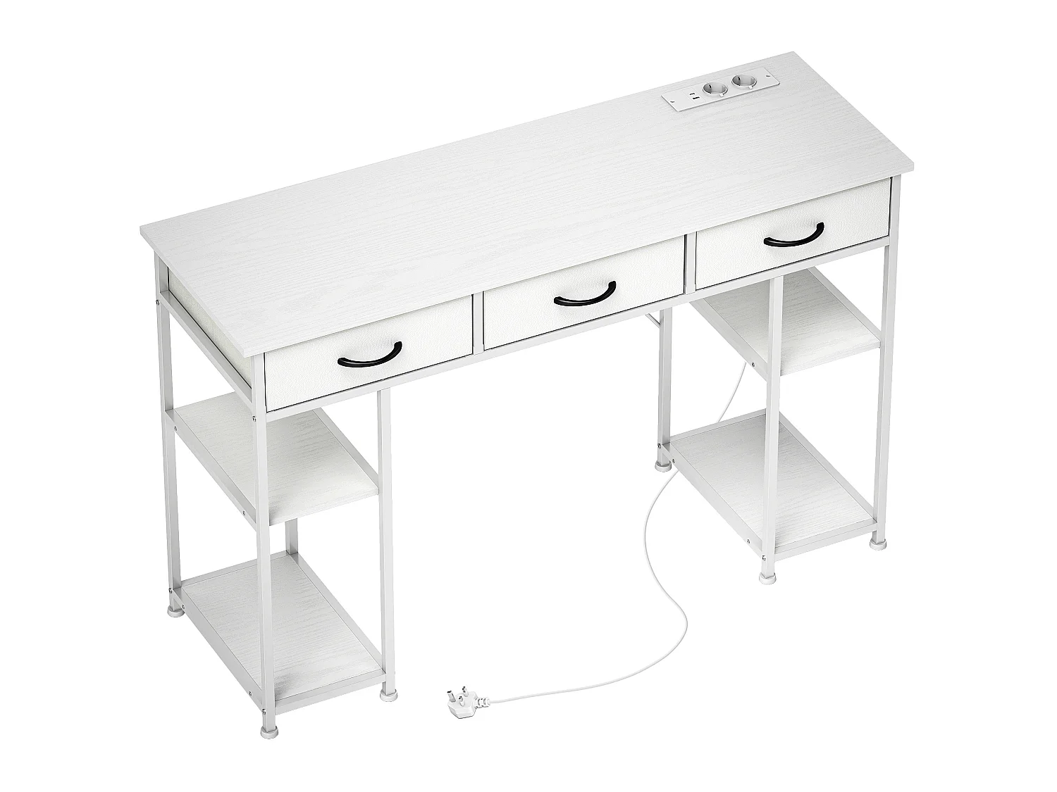 Bureau informatique multi-rangement total 4 prises acier tissu effet bois blanc
