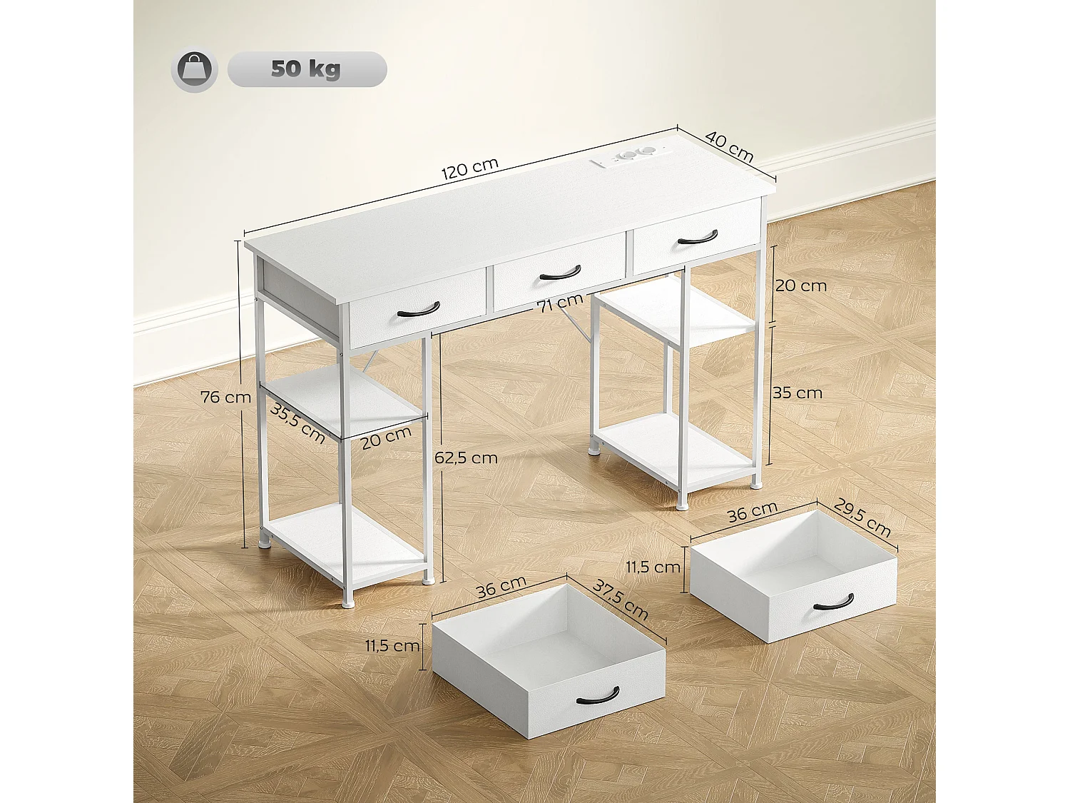 Bureau informatique multi-rangement total 4 prises acier tissu effet bois blanc