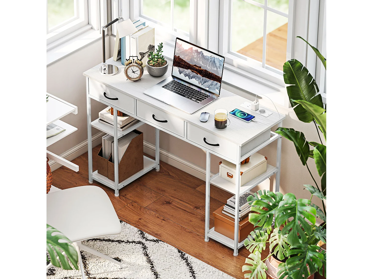 Bureau informatique multi-rangement total 4 prises acier tissu effet bois blanc