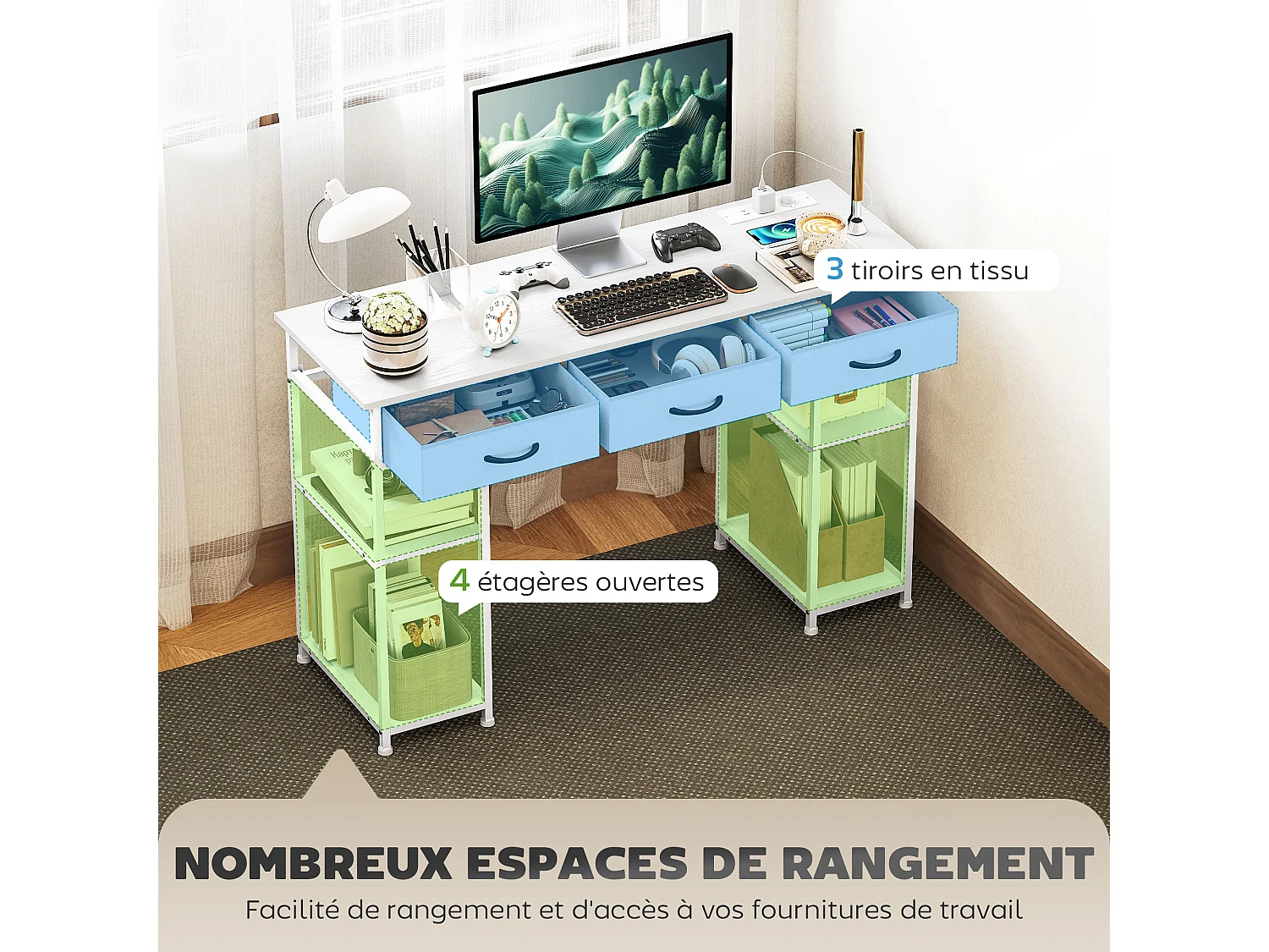 Bureau informatique multi-rangement total 4 prises acier tissu effet bois blanc