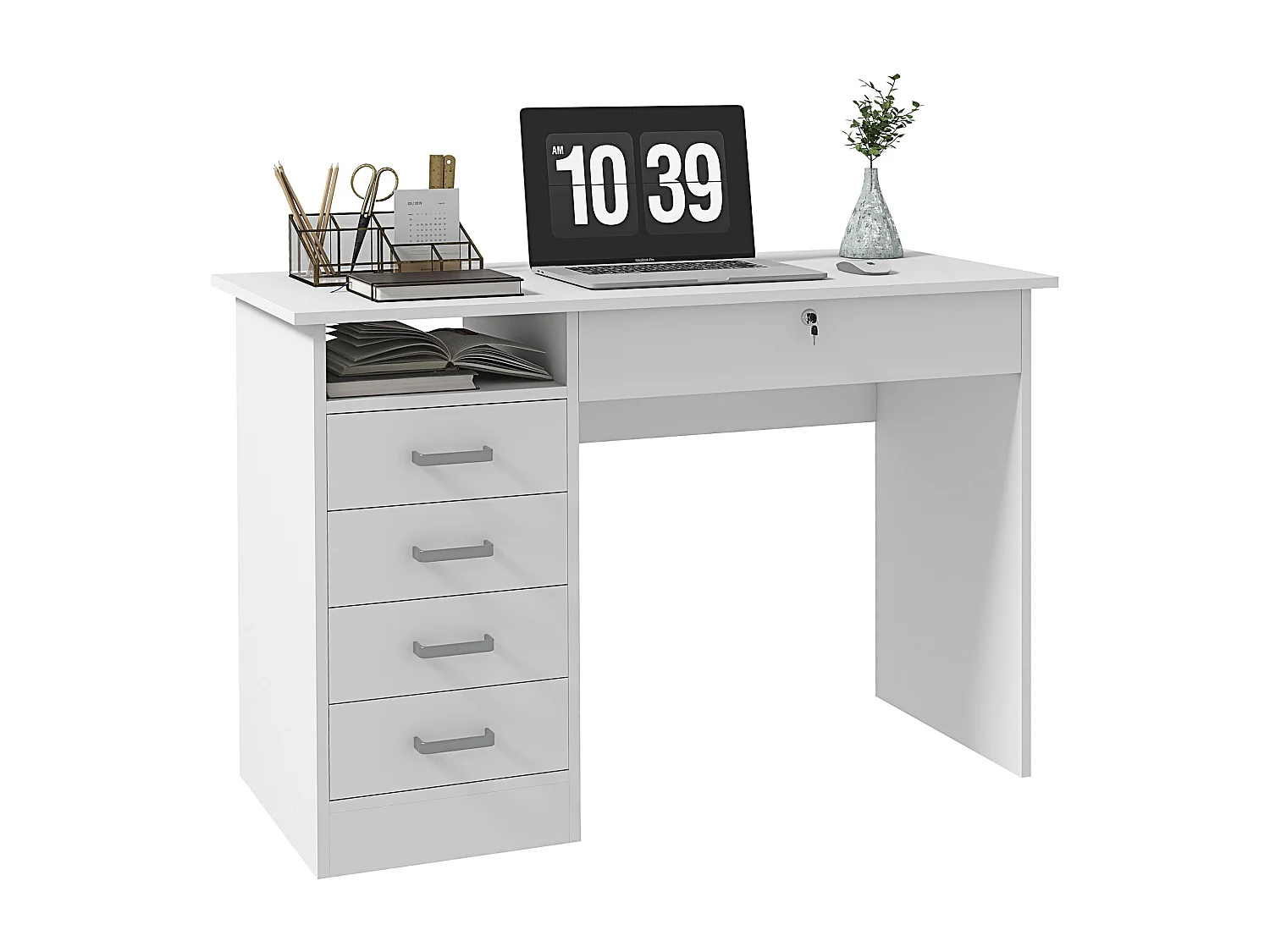 Bureau informatique multimédia multi-rangement 5 tiroirs niche 110L x 50l x 76H cm blanc