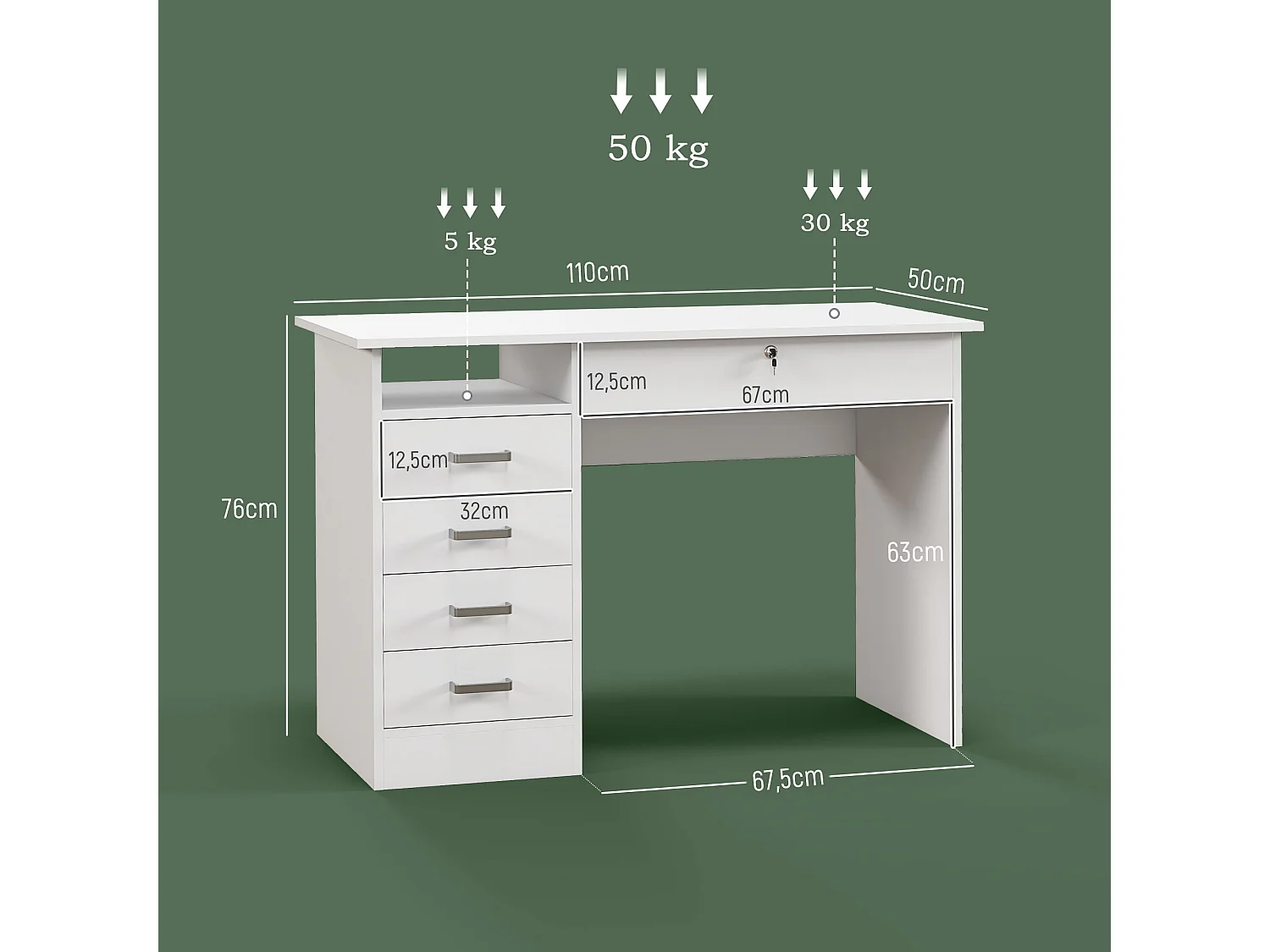 Bureau informatique multimédia multi-rangement 5 tiroirs niche 110L x 50l x 76H cm blanc