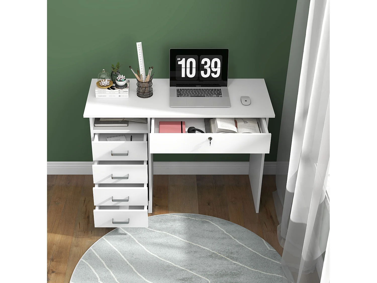 Bureau informatique multimédia multi-rangement 5 tiroirs niche 110L x 50l x 76H cm blanc