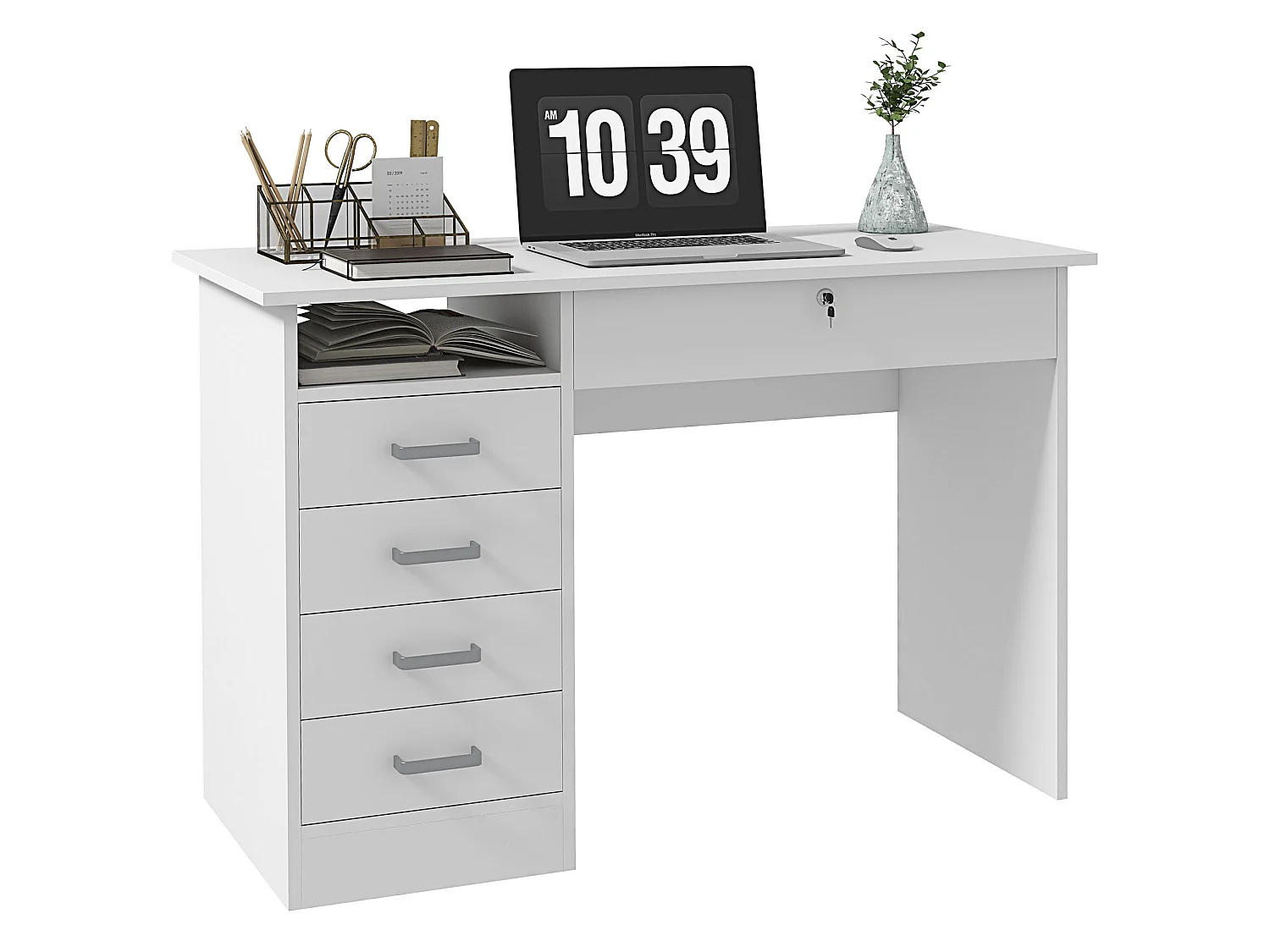 Bureau informatique multimédia multi-rangement 5 tiroirs niche 110L x 50l x 76H cm blanc