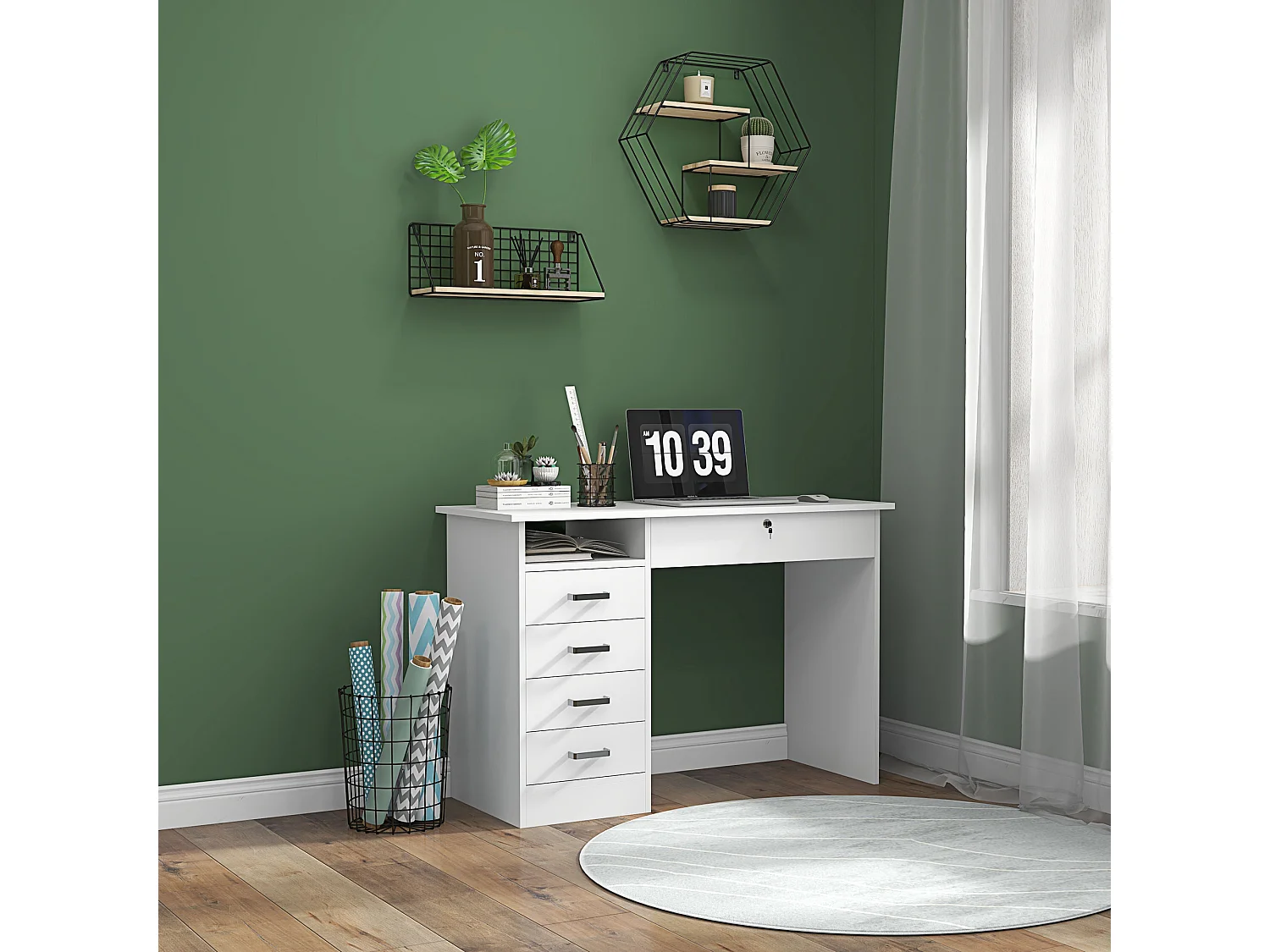 Bureau informatique multimédia multi-rangement 5 tiroirs niche 110L x 50l x 76H cm blanc