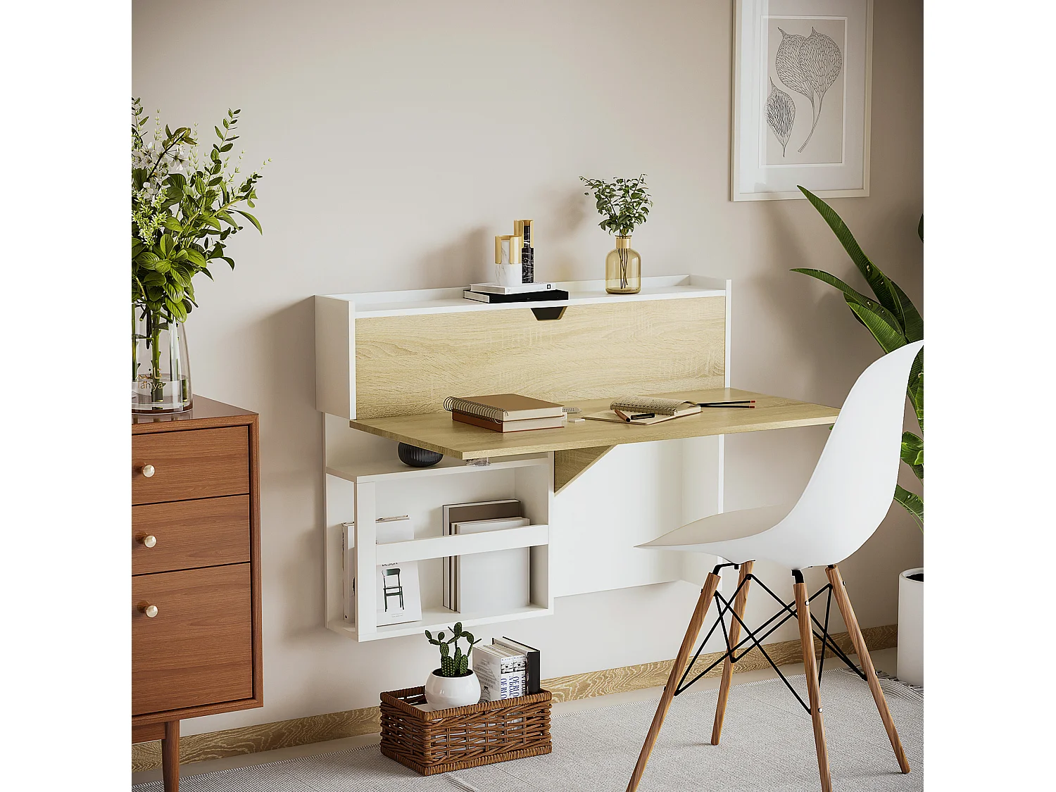 Bureau pliable mural avec étagères de rangement et placard, bureau rabattable, effet bois naturel