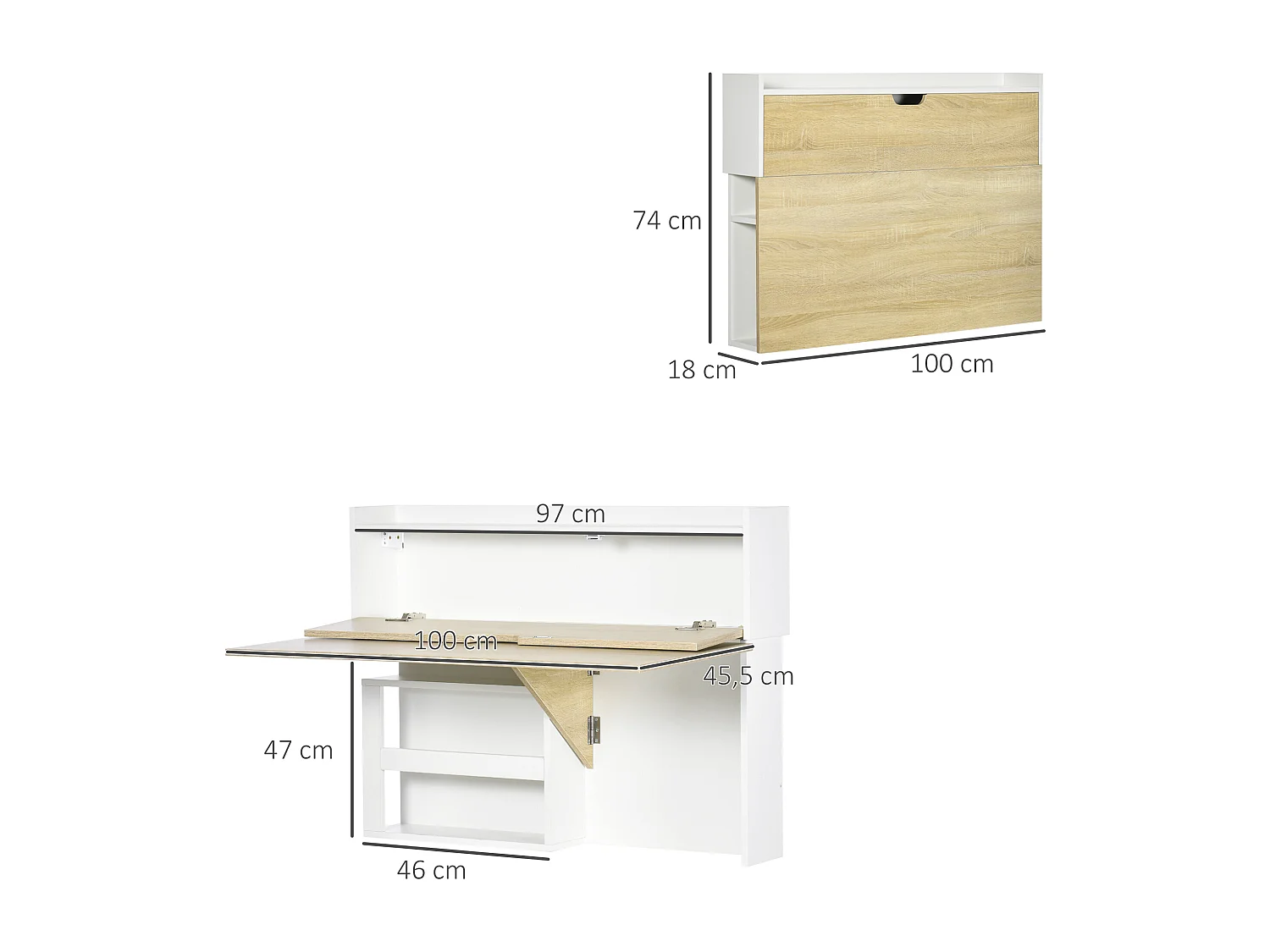 Bureau pliable mural avec étagères de rangement et placard, bureau rabattable, effet bois naturel