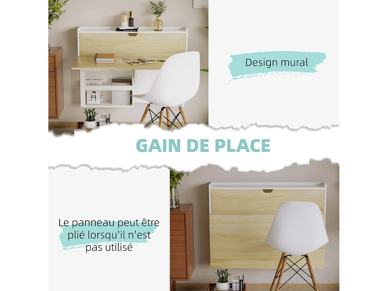 Bureau pliable mural avec étagères de rangement et placard, bureau rabattable, effet bois naturel