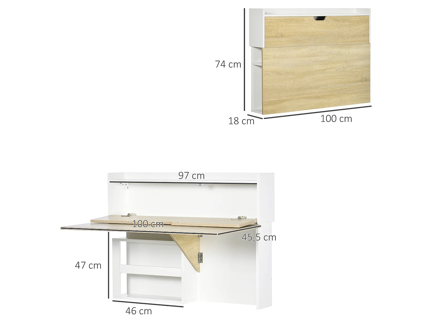 Bureau pliable mural avec étagères de rangement et placard, bureau rabattable, effet bois naturel