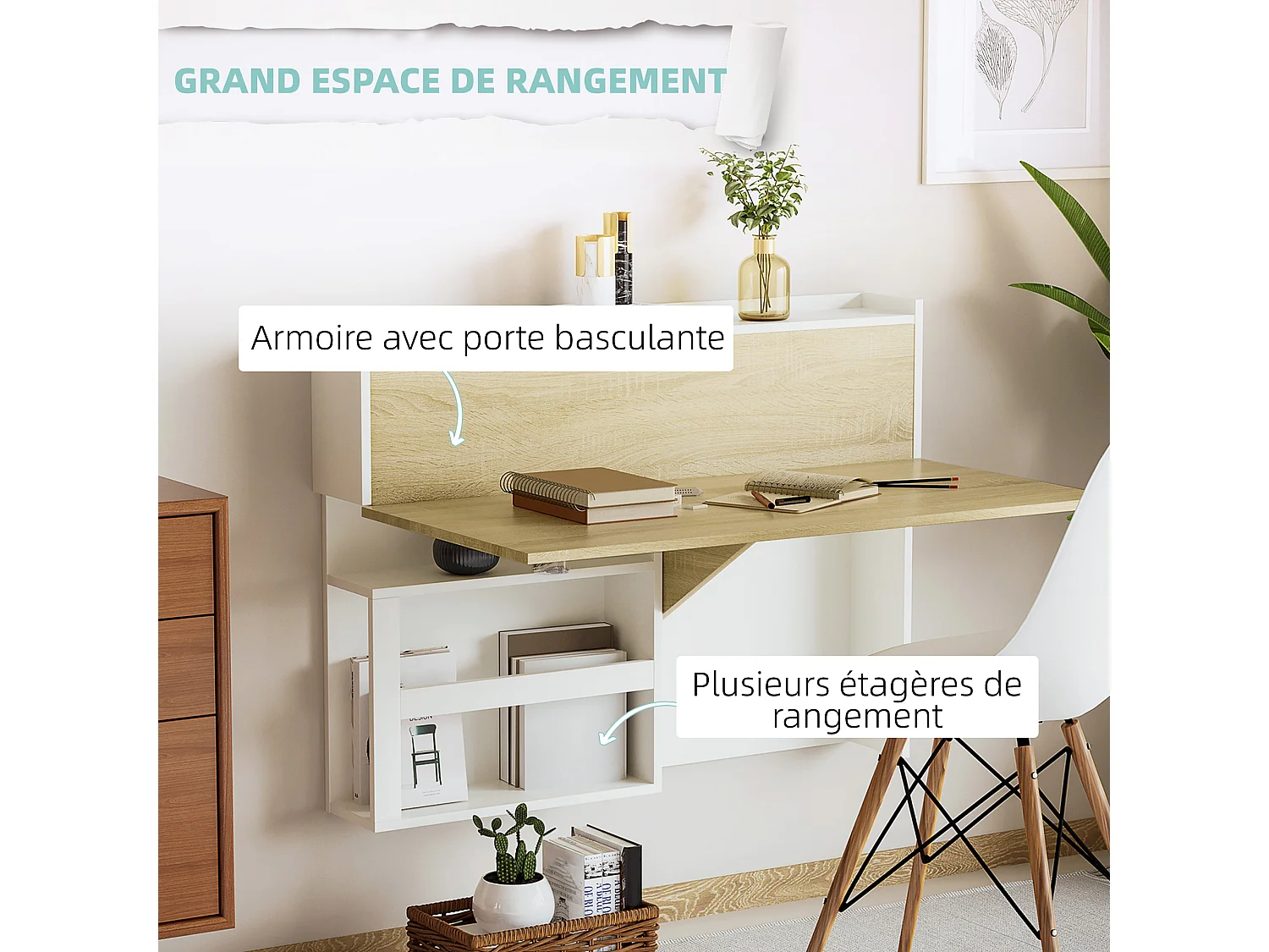 Bureau pliable mural avec étagères de rangement et placard, bureau rabattable, effet bois naturel