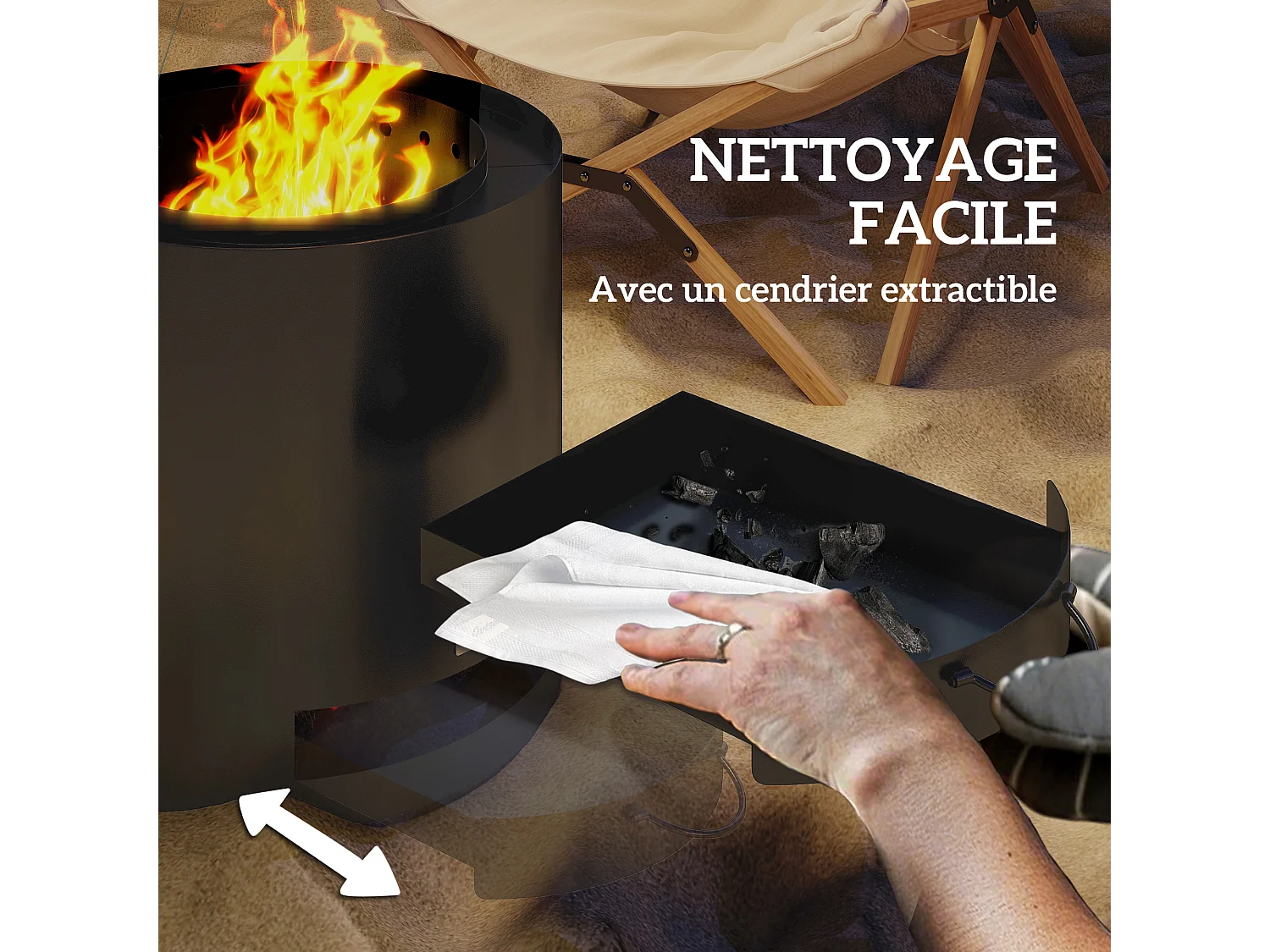 Brasero extérieur Ø45 cm design - bac à cendres intégré, tisonnier - acier noir