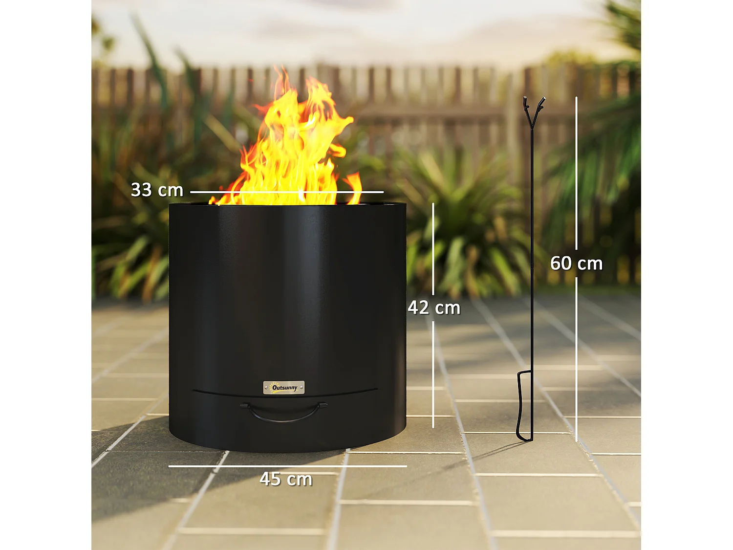 Brasero extérieur Ø45 cm design - bac à cendres intégré, tisonnier - acier noir