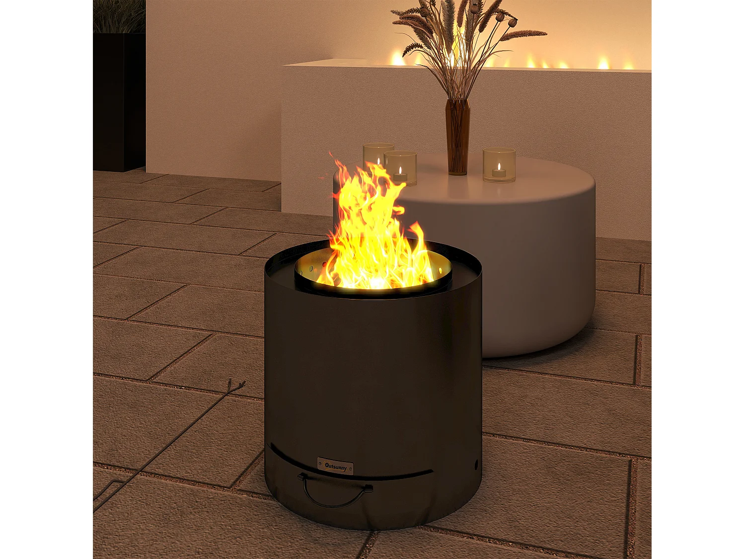Brasero extérieur Ø45 cm design - bac à cendres intégré, tisonnier - acier noir
