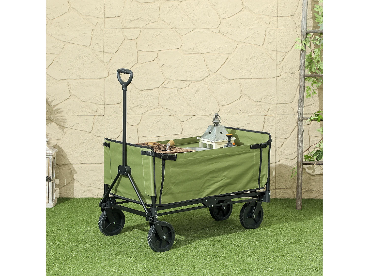 Chariot de jardin pliable 130L - housse zippée amovible, poignée télescopique mobile - acier noir tissu kaki