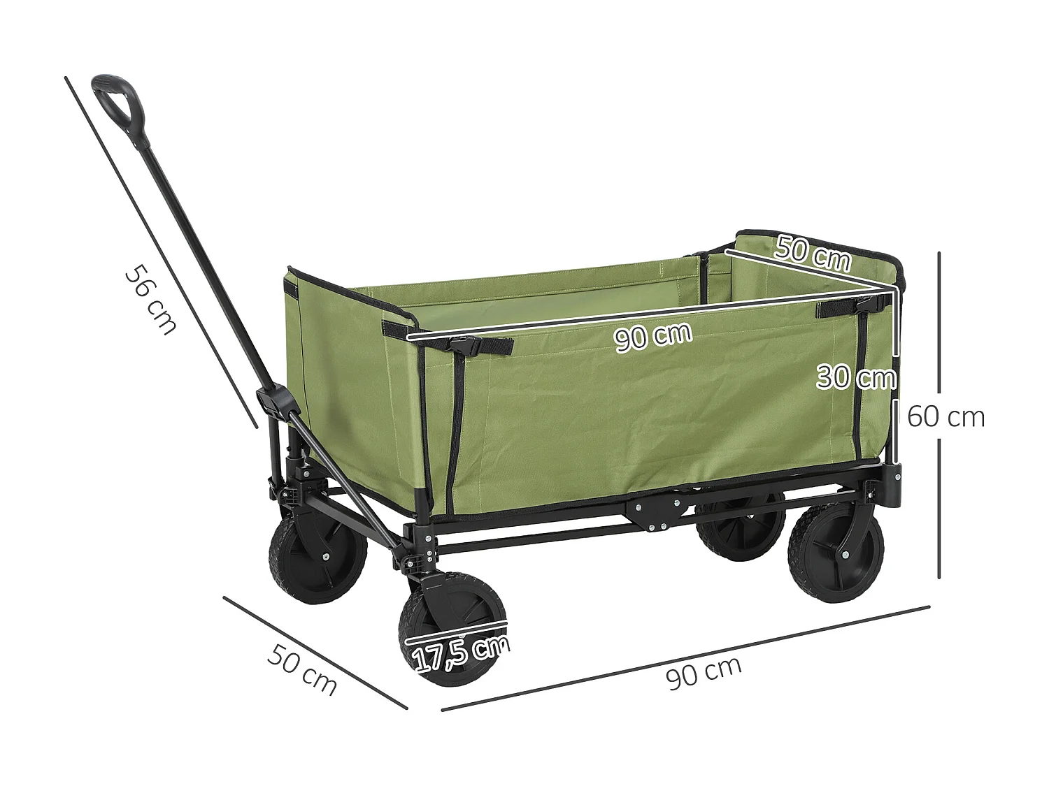 Chariot de jardin pliable 130L - housse zippée amovible, poignée télescopique mobile - acier noir tissu kaki