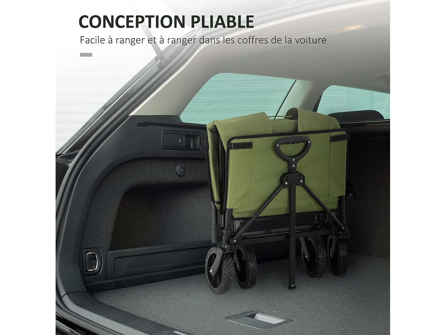 Chariot de jardin pliable 130L - housse zippée amovible, poignée télescopique mobile - acier noir tissu kaki