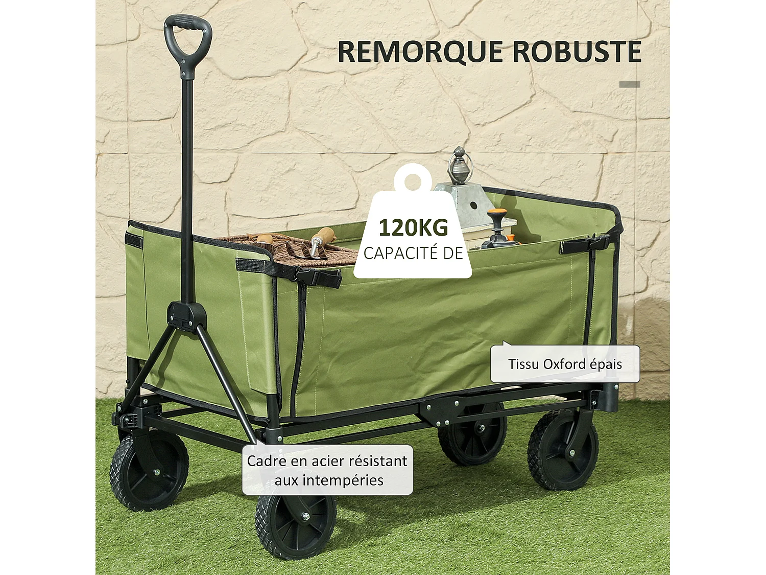 Chariot de jardin pliable 130L - housse zippée amovible, poignée télescopique mobile - acier noir tissu kaki