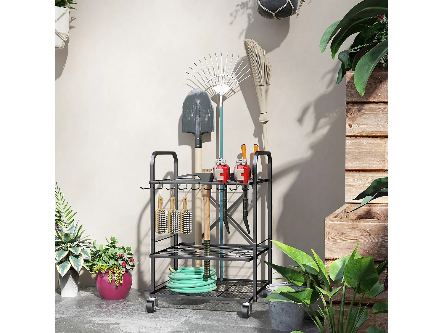 Organisateur d'outils de jardin - chariot de jardin - desserte - 9 crochets, 20 compartiments - métal noir
