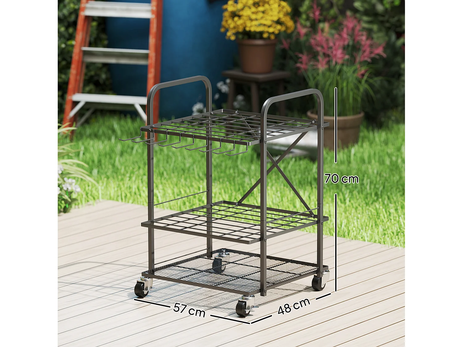 Organisateur d'outils de jardin - chariot de jardin - desserte - 9 crochets, 20 compartiments - métal noir