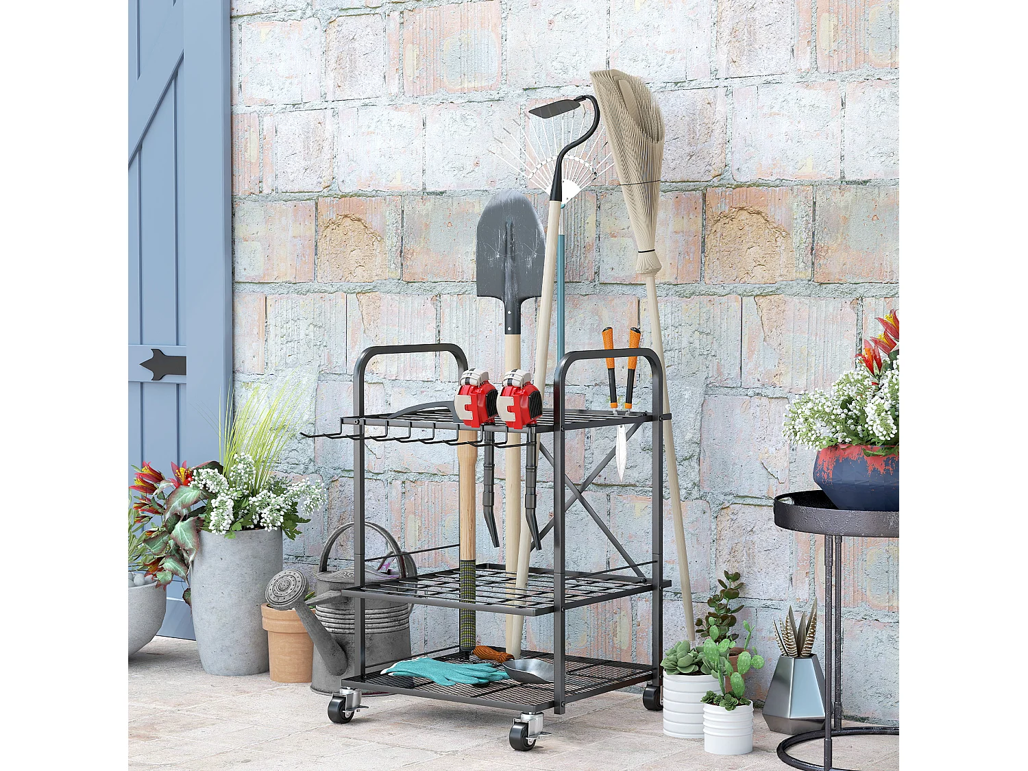 Organisateur d'outils de jardin - chariot de jardin - desserte - 9 crochets, 20 compartiments - métal noir