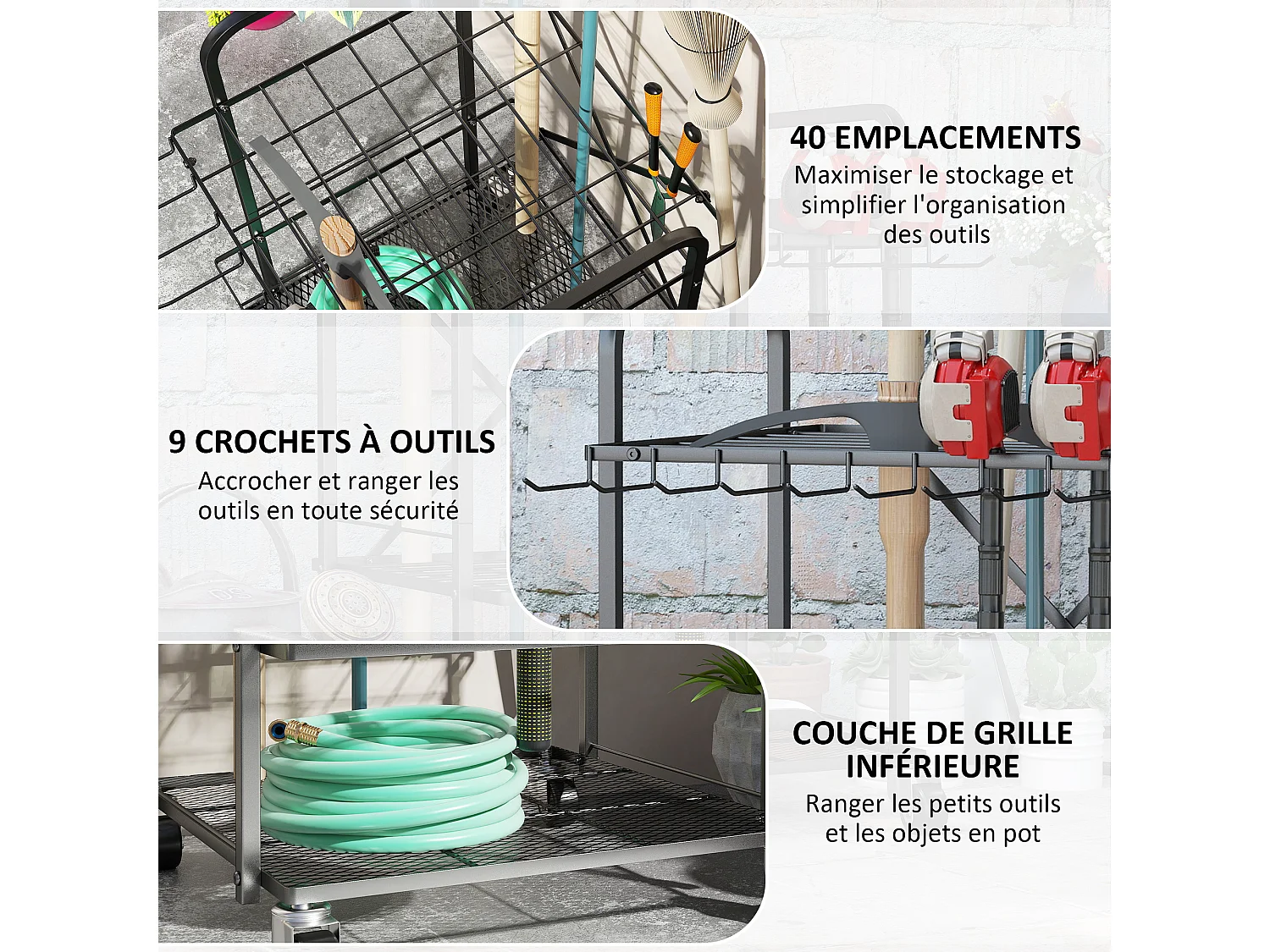 Organisateur d'outils de jardin - chariot de jardin - desserte - 9 crochets, 20 compartiments - métal noir