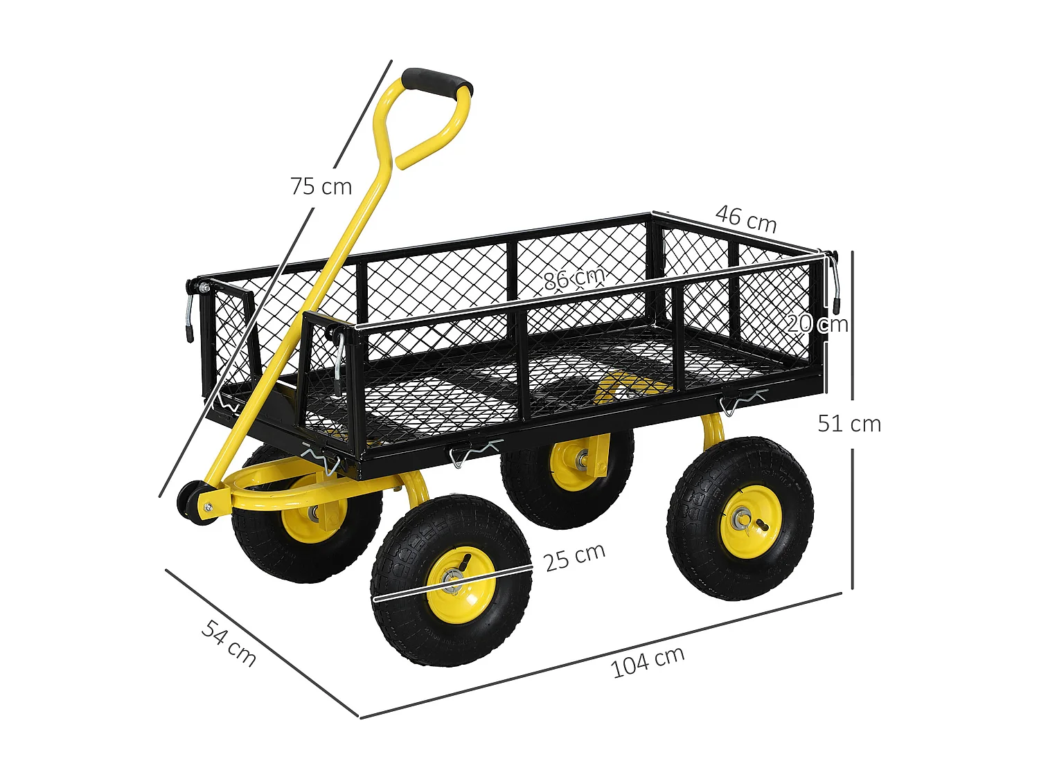 Chariot de jardin en acier - chariot de transport - côtés amovibles, poignée rotative - max. 200 Kg - noir jaune