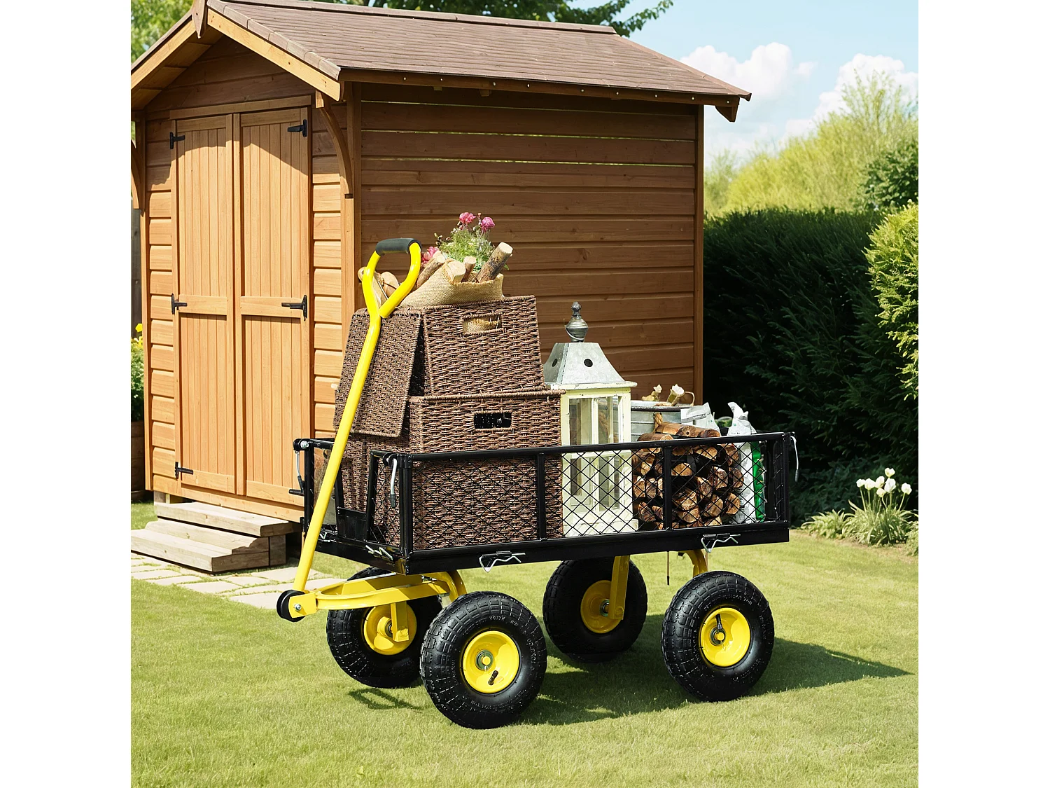 Chariot de jardin en acier - chariot de transport - côtés amovibles, poignée rotative - max. 200 Kg - noir jaune