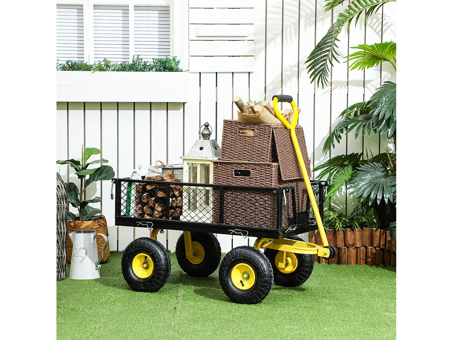 Chariot de jardin en acier - chariot de transport - côtés amovibles, poignée rotative - max. 200 Kg - noir jaune