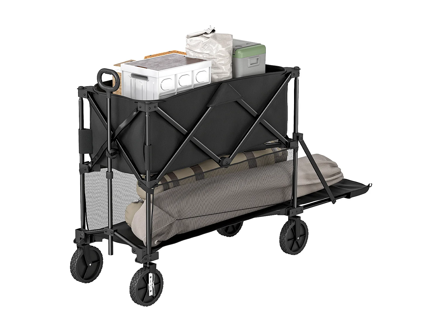 Chariot de jardin pliable multi-rangement max. 200 Kg - poignée teslescopique - roues tout terrain noir