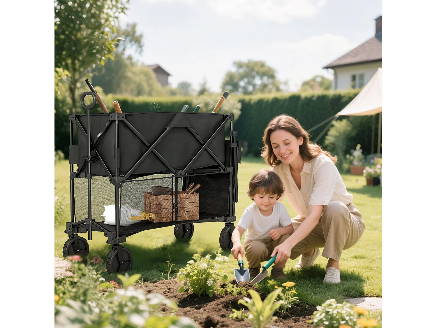 Chariot de jardin pliable multi-rangement max. 200 Kg - poignée teslescopique - roues tout terrain noir