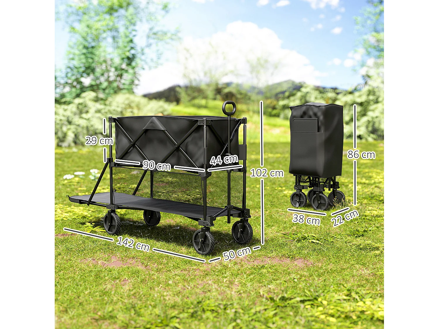 Chariot de jardin pliable multi-rangement max. 200 Kg - poignée teslescopique - roues tout terrain noir