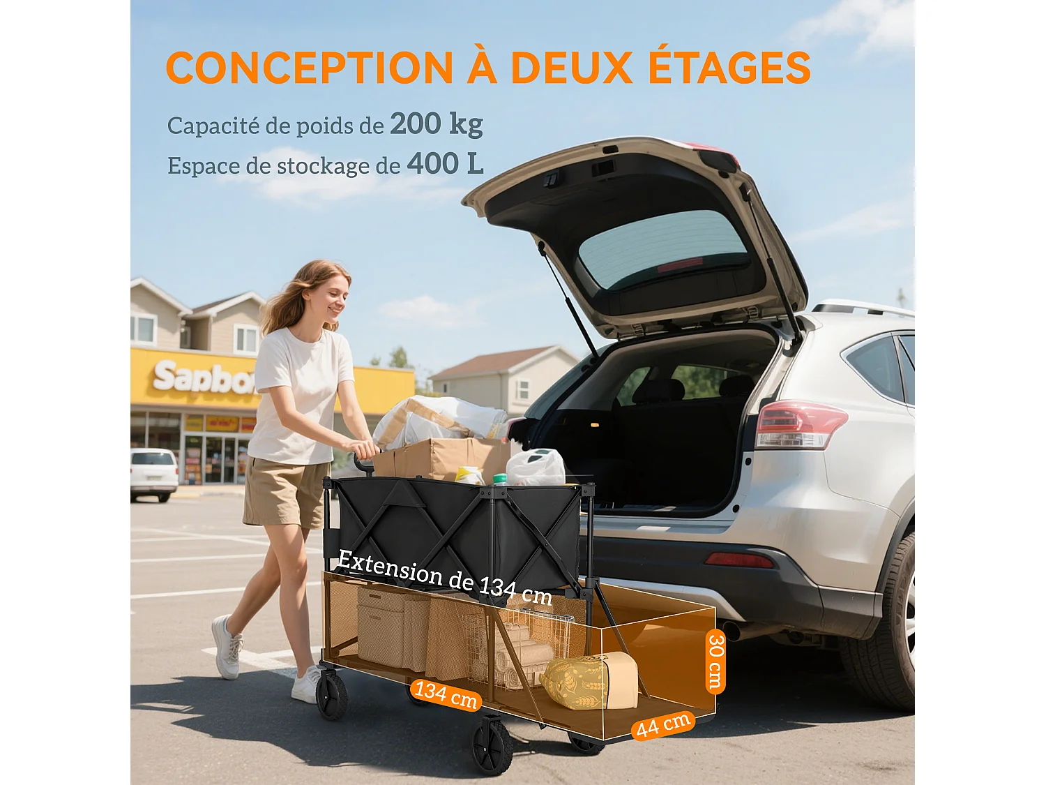 Chariot de jardin pliable multi-rangement max. 200 Kg - poignée teslescopique - roues tout terrain noir